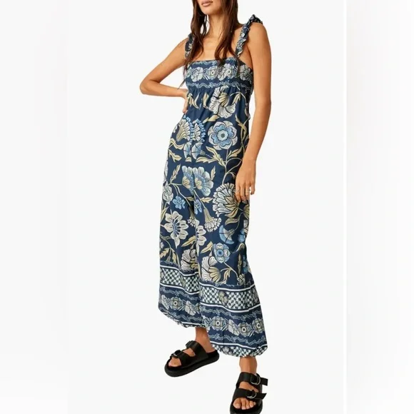Free People Bali Albright Cotton Floral Jumpsuit With Pockets Blue Combo - Picture 1 of 6